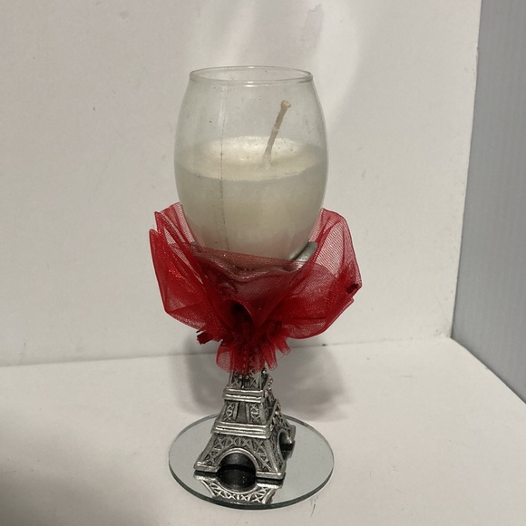 EIFFEL TOWER Wine Glass Candle Holder with Candle and Red Ribbon 4.5 inches - Picture 9 of 14